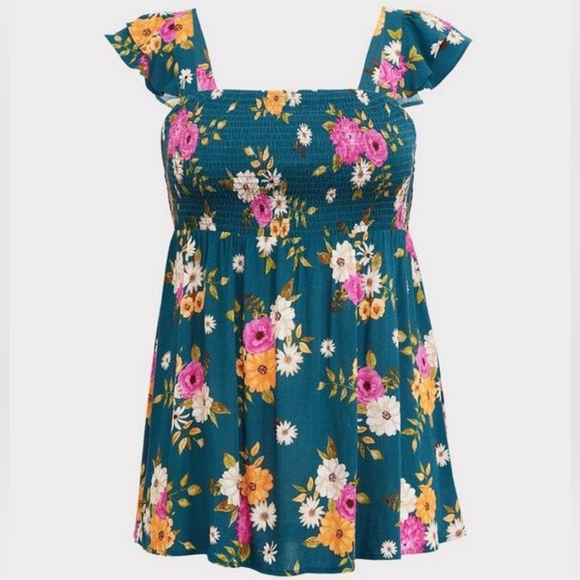 Torrid Floral Babydoll Gauze Smocked Ruffle Tank Top, Dark Teal - Picture 4 of 11
